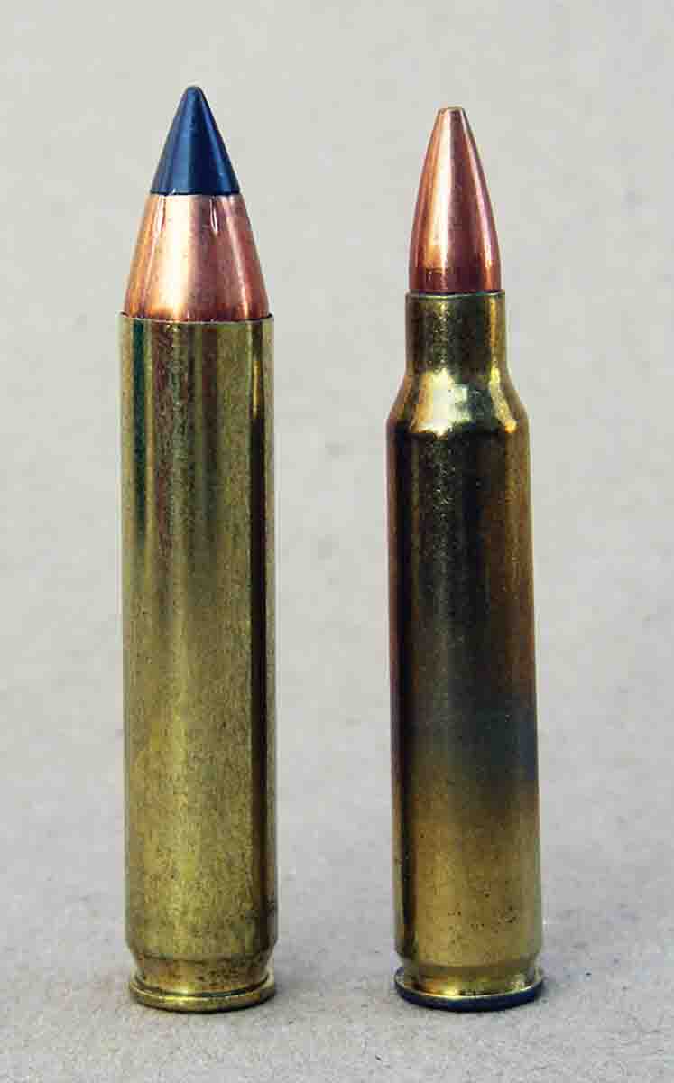 The .350 Legend (left) is based on a .223 Remington case (right), but .350 cases should not be formed from the parent case.